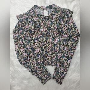 Pink and Green Ruffled Bib Collar Blouse with Bishop Sleeves